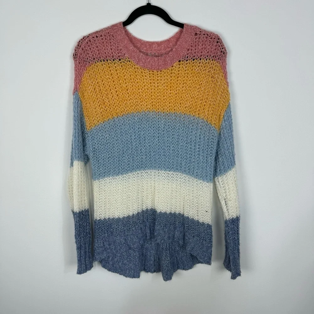 American eagle pastel open knit striped color block crewneck sweater pink blue